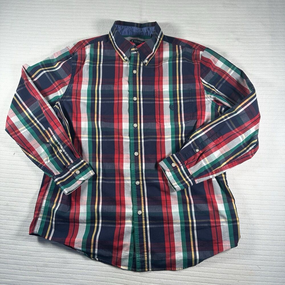 Chaps Men’s Large Plaid Button Down Shirt Red Blue Green Long Sleeve Cotton